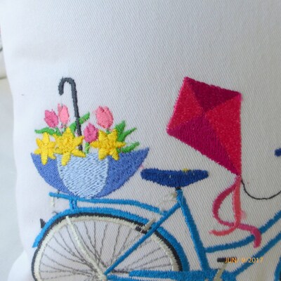 Spring Pillow covers, Embroidered bicycle pillow, seasonal bike pillows, embroidered Accent pillows, bike pillows - image3